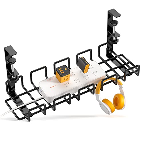 No Drilling Cable Management Under Desk, Metal Under Desk Cable Management with High Capacity, Adjustable and Removable Desks Cable Management Tray Matches Most Office Desks, Black Coraje