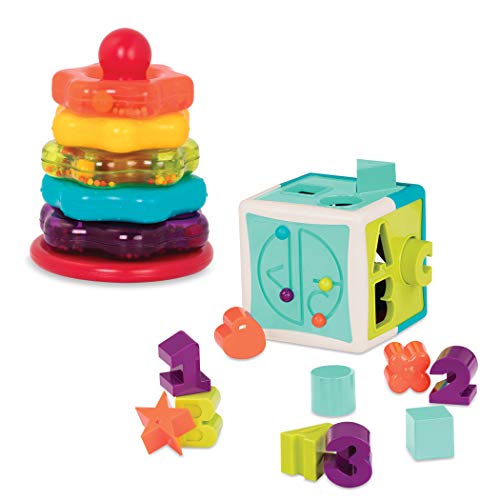 Battat – Sort & Stack Combo – 17-Piece Sensory Sorting Set – Activity Cube With Bead Maze – Educational & Dexterity Toys – 2 Years + – Shape Sorter Cube + Stacking Rings