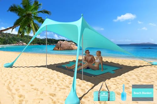 Pop Up Beach Tent Sun Shelter UPF50+, 7.9x7.9 FT Windproof Sun Shade with Beach Blanket, 2 Stability Poles, Carrying Bag, Sand Shovel, Outdoor Shade Canopy for Camping Trips,Fishing,Picnics,Backyard