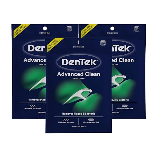 DenTek Triple Clean Advanced Clean Floss Picks, No Break & No Shred Floss, 150 Count, Pack of 3