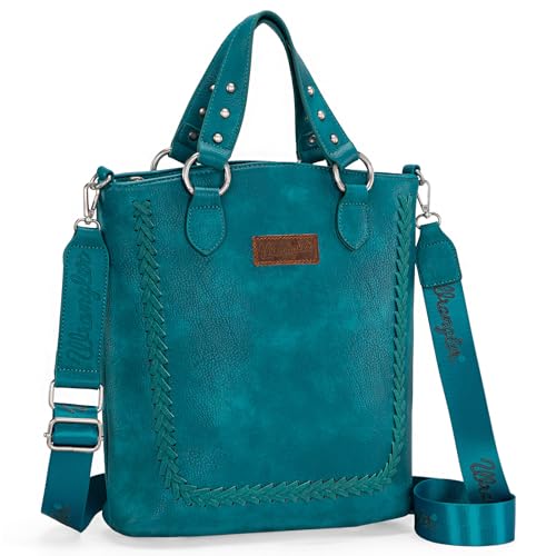 Wrangler Tote Bags for Women, Women's Top-handle Satchel Bag,Turquoise Large Medium with Zipper & Pocket Crossbody Purse with Guitar Strap and Unique Rivet Design WG94G-8317TQ