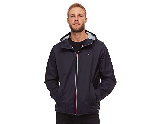 Tommy Hilfiger Men's Lightweight Active Water Resistant Hooded Rain Jacket, navy, Large