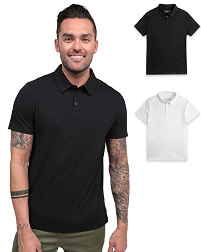 INTO THE AM Essential Polo Shirts for Men 2 Pack - Collared Shirt Men Fitted Short Sleeve Classic Golf Collar Shirts Multipack (Black/White, Medium)