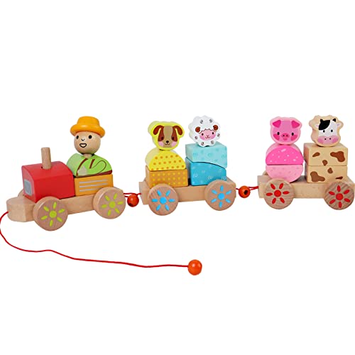 Wooden Farm Animal Train Set, Montessori Toys for Children, Toddler Push and Pull Train, Gifts for Boys and Girls Aged