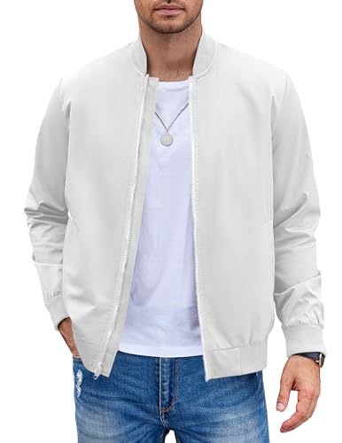 COOFANDY Men White Bomber Jacket Lightweight Casual Softshell Flight Windbreaker Coat White XL