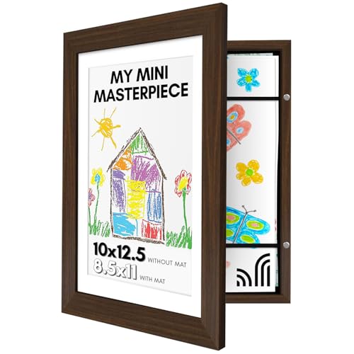 Americanflat 10x12.5 Kids Art Frame - Front Loading Picture Frame - Use as 8.5x11 Frame with Mat or 10x12.5 Frame Without Mat - My Mini Masterpiece - Holds 100 Artworks - Walnut