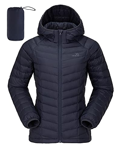 CAMELSPORTS Women's Down Jacket Hooded Winter Light Weight Short Puffer Coats with Thermal Heat Reflective Lining Packable Warm Windproof Ladies Parka Fashion