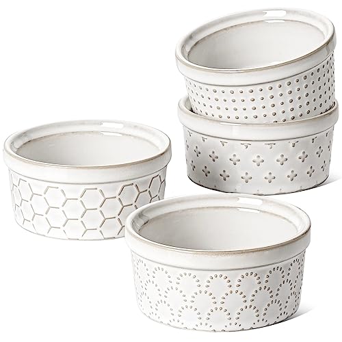 LE TAUCI Ramekins 4 oz, Ramiken for Creme Brulee, Lava Cake,Pudding, Souffle, Small Sauce Bowl,Ceramic Baking Dishes- 3.8 inch, Set of 4, Arctic White