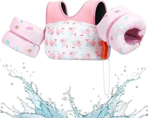 Heysplash Swim Vest for Kids, Toddler Pool Floaties Fit 22-70 Lbs,Swimming Vest with Adjustable Strap, Swim Jacket Water Wing Arm Float, Puddle Beach Boat Jumper Float Device Girl Age 2-7,Pink Whale