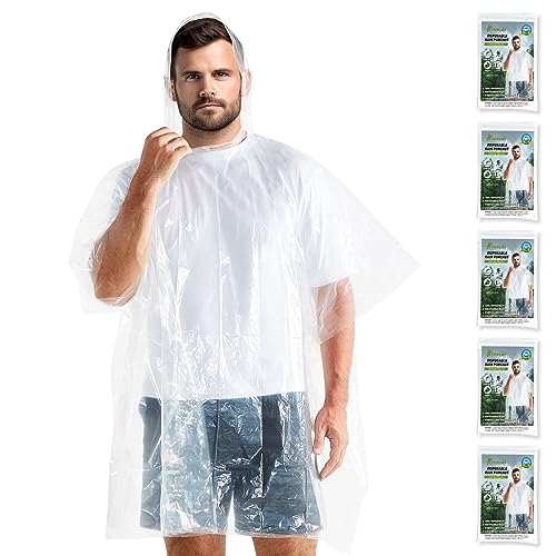 PTEROMY Thickened Disposable Rain Ponchos for Adults, 1.5mil Rain Poncho (5Pk)