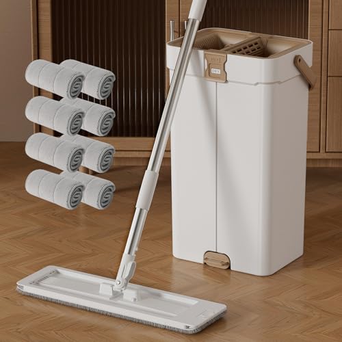 JEOPEM Mop and Bucket with Wringer Set, Flat Mops for Floor Cleaning, Microfiber Pads and Mop Head, Wet and Dry Use, Household Cleaning Tools, for Hardwood, Laminate, Tile (38CM Large Mop Pro (8Pads))