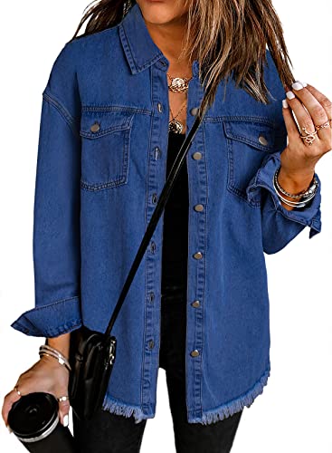 Dokotoo Women's Washed Boyfriend Oversized Lapel Button Up Long Sleeve Denim Trucker Jacket Vintage Ripped Denim Jackets Fashion Vintage Jean Jacket for Women with Pockets, (US 8-10) M,Blue