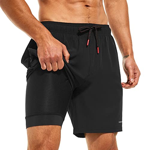HODOSPORTS Mens Swimsuit Trunks 7' Quick-Dry Swim Shorts with Compression Liner and Zipper Pockets (Large,Black)