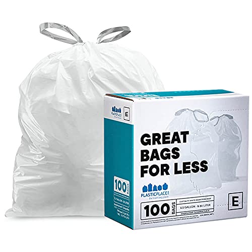 Plasticplace Custom Fit Trash Bags, Compatible with simplehuman Code E (100 Count) White Drawstring Garbage Liners 5.2 Gallon / 20 Liter, 18.5' x 20'