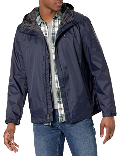 Tommy Hilfiger Men's Lightweight Breathable Waterproof Hooded Jacket, Navy, Large