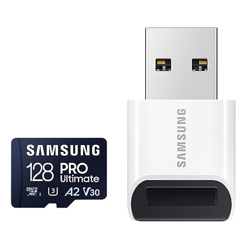 SAMSUNG PRO Ultimate microSD Memory Card+Reader, 128GB microSDXC, Up to 200 MB/s, 4K UHD, UHS-I, Class 10, U3,V30, A2 for GoPRO Action Cam, DJI Drone, Gaming, Phones, Tablets, MB-MY128SB/AM