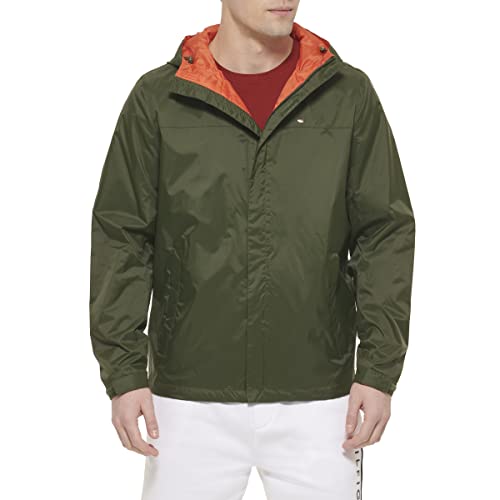 Tommy Hilfiger Men's Lightweight Breathable Waterproof Hooded Jacket, Olive, XX-Large