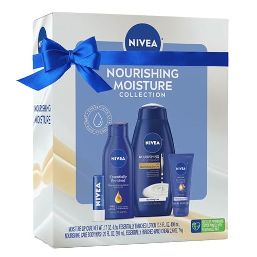 NIVEA Nourishing Moisture Collection Skin Care Set, Nourishing Care Body Wash, 20 Fl Oz + Body Lotion, 13.5 Fl Oz + Hand Cream, 2.6 Oz + Moisture Lip Care Balm, 0.17 Oz, Holiday Gifts for Women