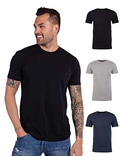 INTO THE AM Premium Men's Fitted Crew Neck Plain Essential Tees 3-Pack - Modern Fit Fresh Classic Short Sleeve T-Shirts for Men (Black/Grey/Navy, Medium)