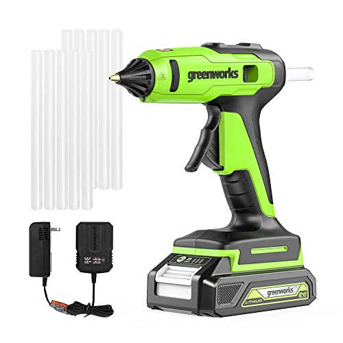 Greenworks 24V Cordless Glue Gun,2.0Ah Battery & Charger Included -1.5min Fast Heating,LED light, Drip-free nozzle, 90 min Runtime, Auto off for DIY, Arts, Crafts, Home Decoration