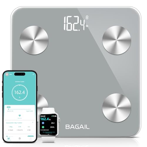 BAGAIL Smart Scale for Body Weight, Digital Bathroom Scale for BMI Weighing Body Fat, Body Composition Monitor Health Analyzer with Smartphone App, 400lbs/180KG - Grey