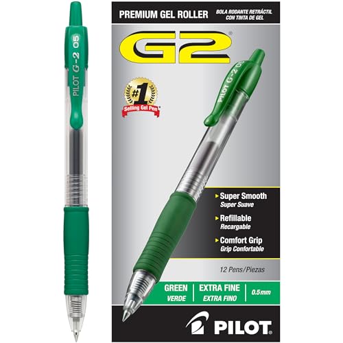 Pilot, G2 Premium Gel Roller Pens, Extra Fine Point 0.5 mm, Pack of 12, Green