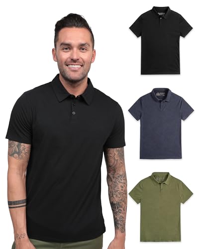 INTO THE AM Essential Polo Shirts for Men 3 Pack - Collared Shirt Men Fitted Short Sleeve Classic Golf Collar Shirts Multipack (Black/Navy/Olive Green, Medium)