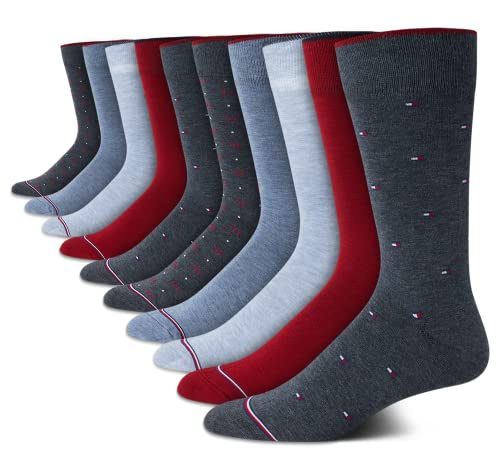 Tommy Hilfiger Men's Dress Socks - 10 Pack Soft Cotton Blend Classic Crew Socks for Men - Casual Mens Long Work Socks (7-12), Size 7-12, Denim Assorted