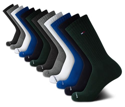 Tommy Hilfiger Men's Crew Socks - 12 Pack Performance Cushion Comfort Crew Socks - Breathable Athletic Socks for Men, Size 7-12, Dark Green Assorted