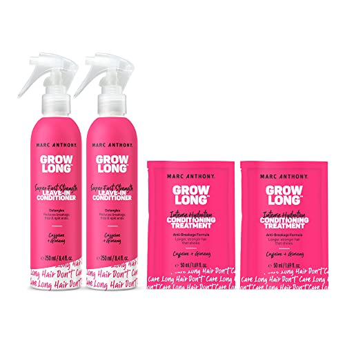 Marc Anthony Grow Long Hair Treatment Bundle - 2 Leave In Conditioner Sprays & 2 Travel Hair Mask, Red Tea Scent, Paraben-Phthalate-Sulfate-Free, Anti-Frizz & Nourishing Formula For Dry & Damaged Hair