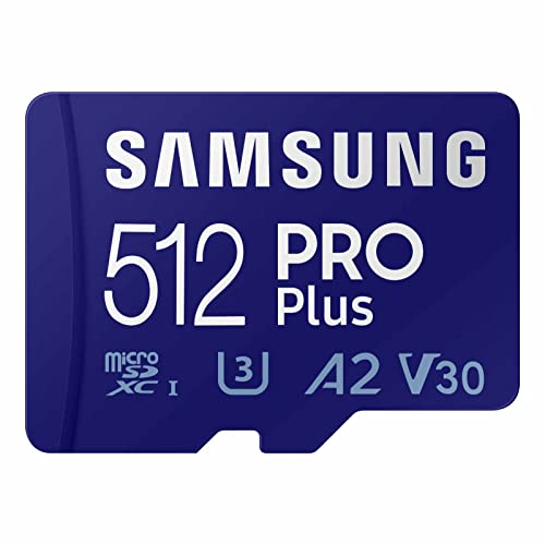 SAMSUNG PRO Plus microSD Memory Card + Adapter, 512GB microSDXC, Up to 180 MB/s, Full HD & 4K UHD, UHS I, C10, U3, V30, A2, for Android Smartphones, Tablets, GoPRO, and DJI Drone (MB MD512SA/AM)