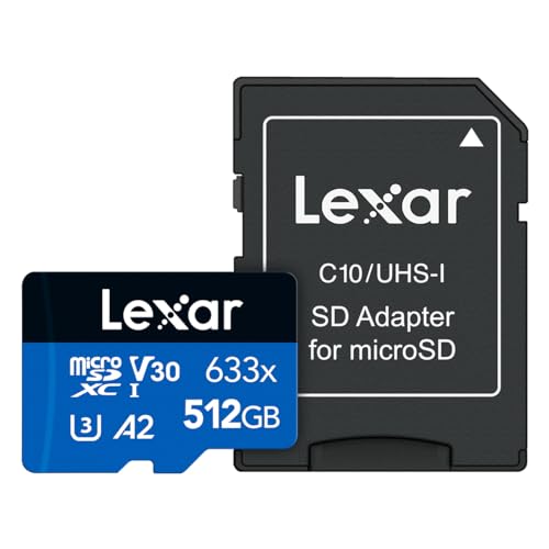 Lexar High-Performance 633x 512GB microSDXC UHS-I Card w/ SD Adapter, C10, U3, V30, A2, Full-HD & 4K Video, Up To 100MB/s Read, for Smartphones, Tablets, and Action Cameras (LSDMI512BBNL633A)