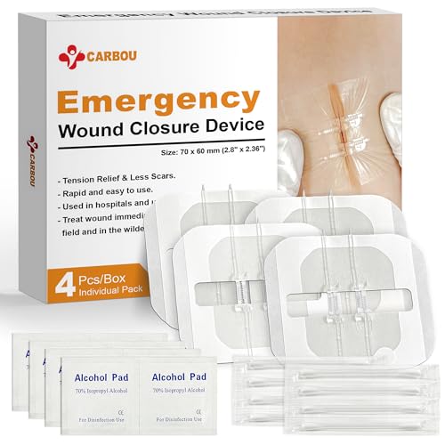 Carbou Emergency Wound Closure Strips - 4 Pcs - Zip Stitch Butterfly Bandaids - Laceration Closure Kit - Stitchless & Easy to Use