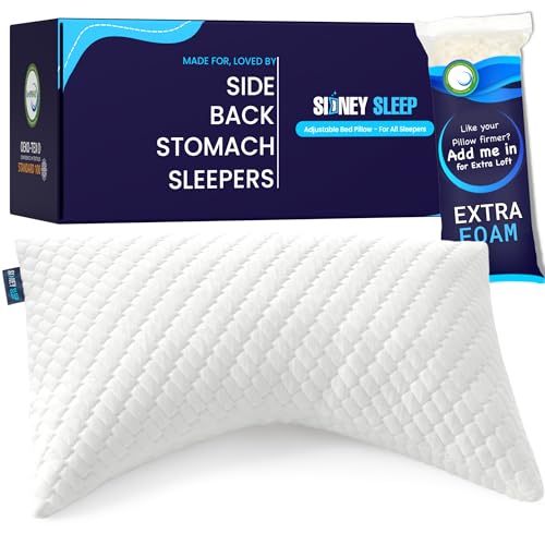 Sidney Sleep Pillow for Side and Back Sleepers - Comfort for Neck and Shoulder Pain - Adjustable and Customizable Shredded Memory Foam Filling - Queen Size - Additional Foam Fill Included (White)