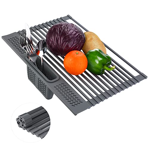 ATTSIL Kitchen Roll-Up Dish Drying Rack, Multifunctional Rollable Over Sink Dish Rack with Utensil Holder, Foldable Silicone Wrapped Steel Drain Rack for Kitchen Sink Counter, 16.85'(L) x 12'(W)