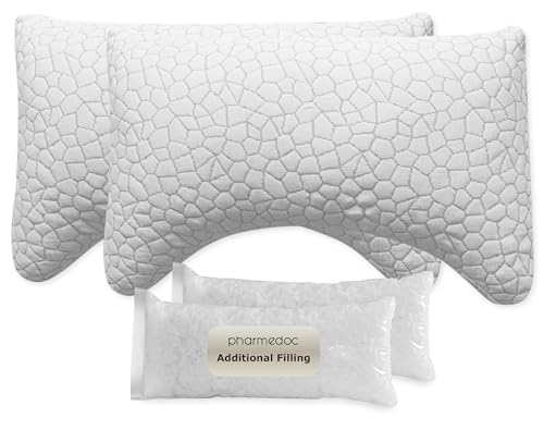 Pharmedoc Adjustable Shredded Memory Foam Curved Pillow - Side Sleeper Pillow -Ergonomic Curved - Neck Pillow for Pain Relief - Queen Bed Pillow 2 Pack