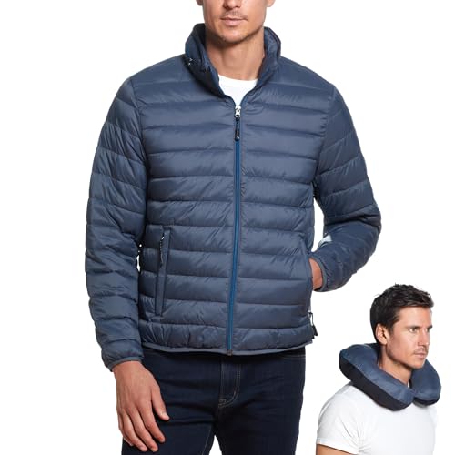 Weatherproof Men's Puffer Jacket, Lightweight Alternative Down Jacket with Packable Travel Neck Pillow, Travel-Ready Winter Jackets for Men, Water & Wind Resistant, Pewter, X-Large