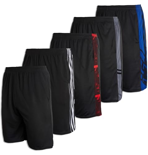 Real Essentials Mens Mesh Shorts Active Wear Athletic Short Men Basketball Pockets Workout Gym Soccer Running Summer Fitness Quick Dry Casual Clothes Sport Training Hiking, Set 8, XL, Pack of 5