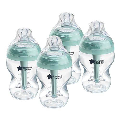 Tommee Tippee Baby Bottles, Advanced Anti-Colic Baby Bottle with Slow Flow Breast-Like Nipple, 9oz, 0m+, Self-Sterilizing, Baby Feeding Essentials, Pack of 4