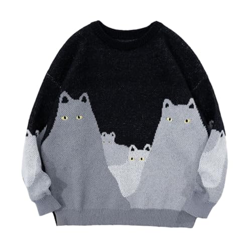 Vamtac Mens Vintage Oversize Cat Sweater Embroidery Long Sleeve Round Neck Knitted Pullover Jumper Unisex Streetwear Sweaters