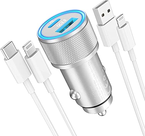 iPhone Car Charger, [MFI Certified] 38W Fast Car Charger iPhone USB C Car Charger Dual Port Cigarette Lighter Adapter with 2Pack Lightning Cable for iPhone 14 13 12 11 XS XR X 8 7, iPad