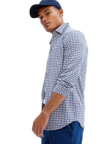 GAP Mens Slim Stretch Poplin Long Sleeve Button Down Shirt, Docksider Blue Gingham, Medium US