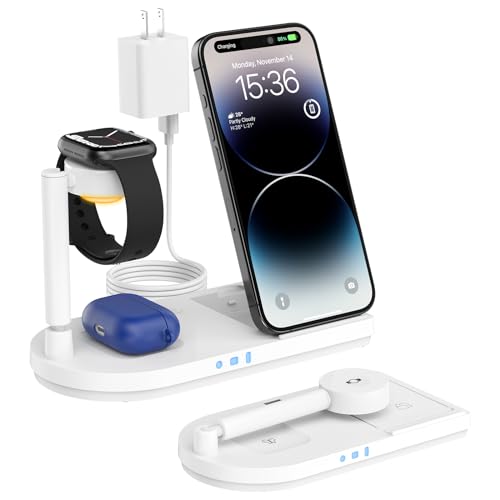 Wireless Charging Station for Apple Devices, Foldable 4 in 1 Wireless Charger for iPhone 15/14/13/12 Pro Max/Plus Series, Charging Stand for Apple Watch 9/8/7/SE/6/AirPods Pro/3/2 with Night Light