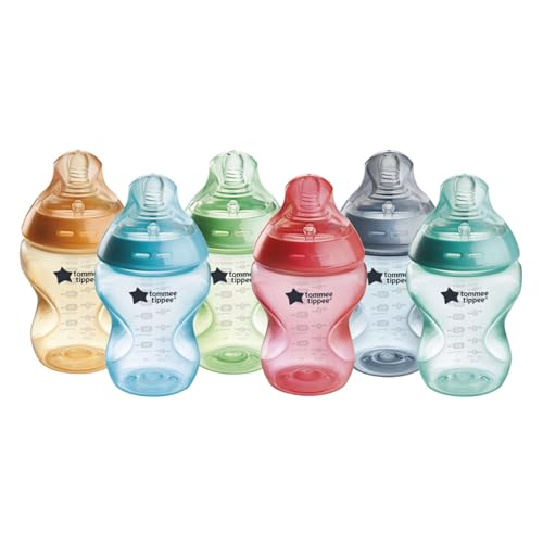 Tommee Tippee Natural Start Anti-Colic BPA Free Baby Bottles, 9oz, Slow-Flow Breast-Like Nipple for a Natural Latch, Designed for Seamless Transitions Between Bottle and Breast, Fiesta, Pack of 6