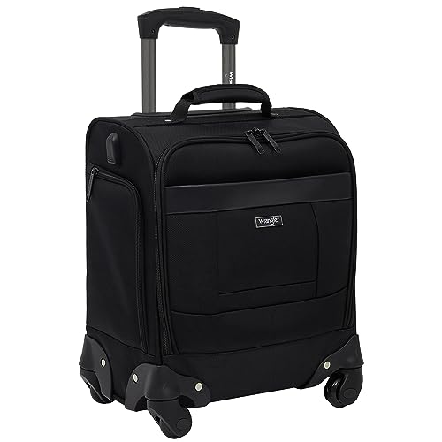 Wrangler 4-Wheel Spinner Luggage with Side USB Port, Black, 17-Inch Underseat Carry-On