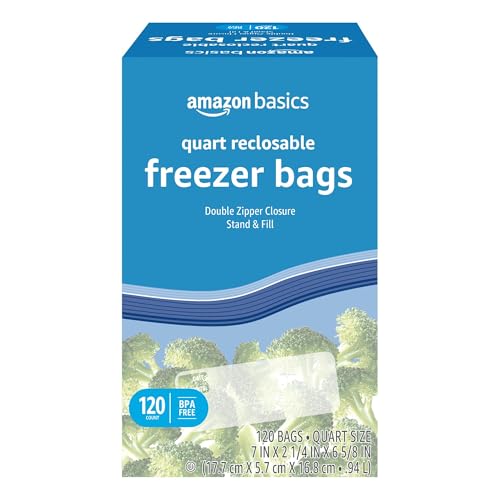 Amazon Basics Reclosable Freezer Quart Bags, Stand & Fill Base, 120 Count