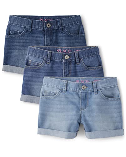 The Children's Place Girls' Roll Cuff Shortie Shorts, Rose Wash Denim 3-Pack, 8