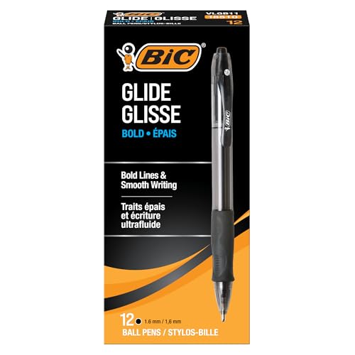 BIC Glide Bold Black Ballpoint Pens, Bold Point (1.6mm), 12-Count Pack, Retractable Ballpoint Pens With Comfortable Full Grip