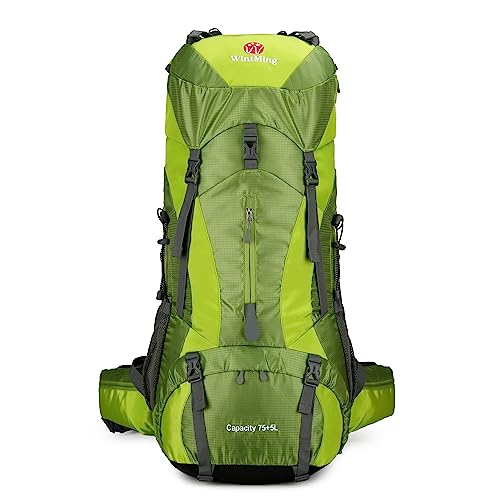 WintMing 75L Hiking Backpack with Rain Cover Waterproof Camping Backpack Shoes Warehouse for Men Women, Frameless (Olive Green)