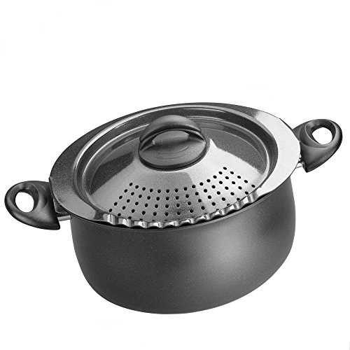 Bialetti 5.5 Quart Pasta Pot with Strainer Lid, Charcoal – Elongated Oval Pot for Longer Spaghetti, Lasagna, Penne & Farfalle Noodles, Heat Resistant Handles & Nonstick Interior, Large Pot for Cooking